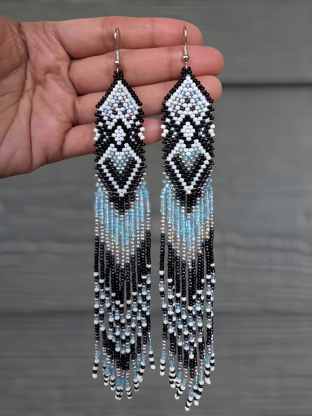 Winter Ombre Long Southwestern Boho Fringe Beaded Earrings Handmade - Ice Blue